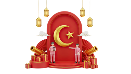 3D Islamic Crescent Moon and Star with Festive Elements on transparent background