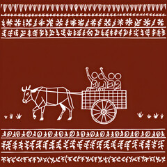 Traditional Indian Warli tribal art illustration of a bullock cart ride
