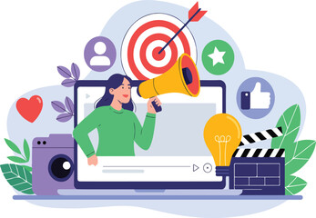 Digital Marketing and Video Content Creation Vector Illustration - digital marketing, social media, SEO, video marketing, content creation, search engine optimization,