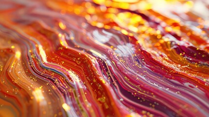 Abstract of a dynamic flow of red and gold liquid with a shimmering glitter effect creating a luxurious and vibrant visual.