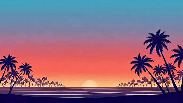 Tropical Beach Scene at Golden Hour With Palm Tree Silhouettes and Hazy Sunset Sky