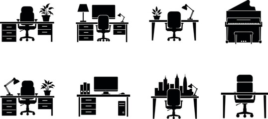 Collection of Minimalist Workspace Icons Featuring Modern Office Desks Computer Stations Piano Setups and Professional Furniture Silhouettes for Interior Design © BIPUL