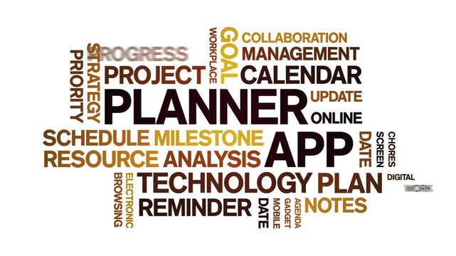 Planner App animated word cloud-text design animation tag kinetic typography seamless loop.