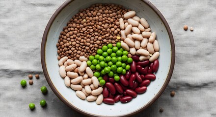Fototapeta premium Overhead shot of pulses in a simple bowl on a neutral cloth
