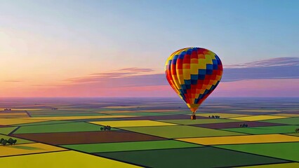 Obraz premium Majestic Hot Air Balloon Soaring Over Vibrant Colorful Fields During Scenic Golden Sunset