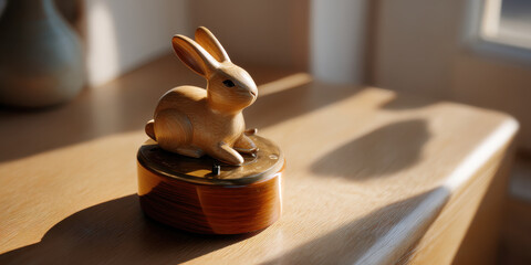 Wooden rabbit figurine on music box, macro shot, eye level, close up, warm sunlight