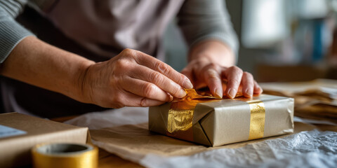 Wrapped gift being finished with gold ribbon by hands in close up macro shot