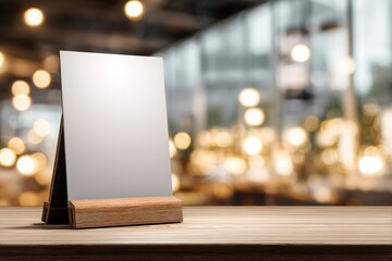 This inviting image features a sleek, blank vertical display sign with a natural wooden base, positioned prominently on a light-toned, textured wooden tabletop. The soft, warm bokeh lights in the blur