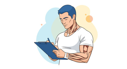 Strong muscular man with blue hair focused on taking notes on a blue clipboard for fitness or sports coaching tasks.