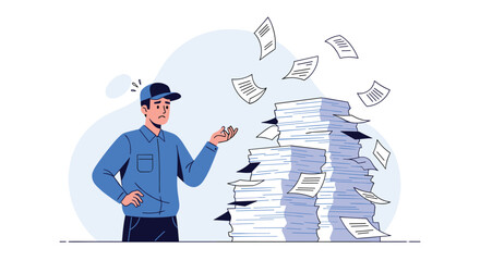 Stressed worker in a blue uniform overwhelmed by a massive pile of falling papers and documents at a busy office or warehouse.