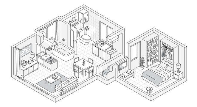 Detailed isometric floor plan of a modern one bedroom apartment featuring a living room kitchen bedroom and bathroom.