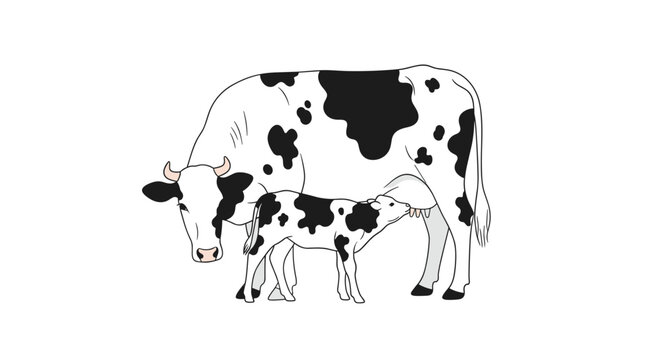 Mother cow and her small calf standing together on a white background representing farm life and animal motherhood.