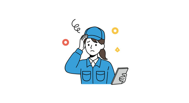 Worried female worker in a blue uniform and cap holding a tablet while expressing concern or confusion about a work task.