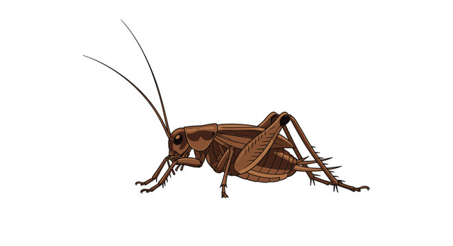 Detailed illustration of a brown cricket insect shown from a side profile view against a clean white background for study.