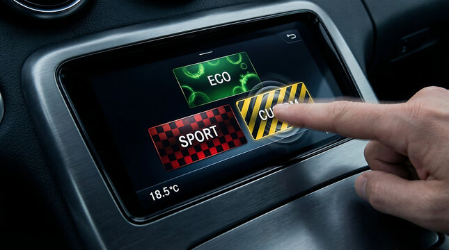 Close up of a person's hand interacting with a car's infotainment system screen displaying eco, sport, and comfort modes at 185 degrees celsius