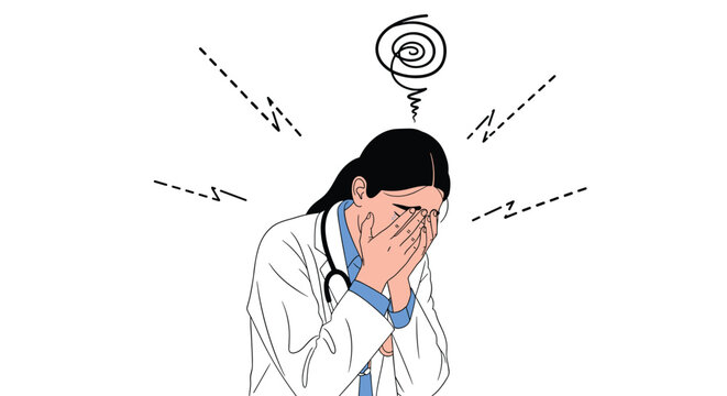 Female doctor in white lab coat with stethoscope looking distressed and tired with hands over eyes from long hospital hours.