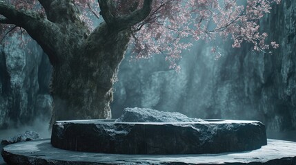 Stone platform nestled in a misty forest setting beneath an ancient, moss-covered tree with pink blossoms.