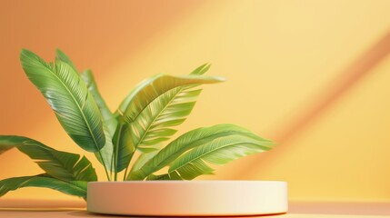 Lush green tropical leaves on a white circular platform against a warm orange backdrop.