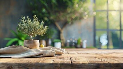 Small olive tree in a wooden pot sits on a rustic wooden table with a linen cloth