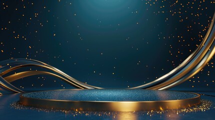 Circular platform with a gold rim sits on a dark blue background surrounded by gold ribbons and shimmering particles.