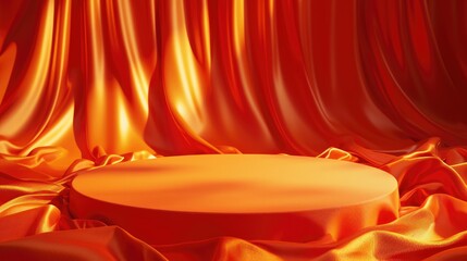 Circular platform sits on a backdrop of flowing orange silk fabric