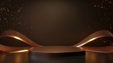 Luxurious dark brown circular platform adorned with golden glitter accents and ribbons.