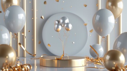 Silver balloons on a gold pedestal surrounded by gold confetti and ribbons