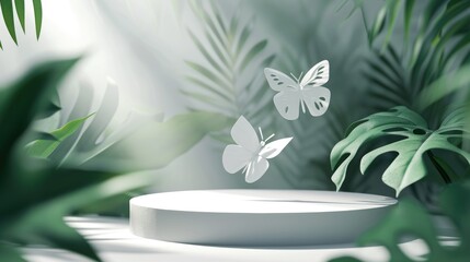 Two white butterflies float above a minimalist circular podium nestled within vibrant green tropical foliage