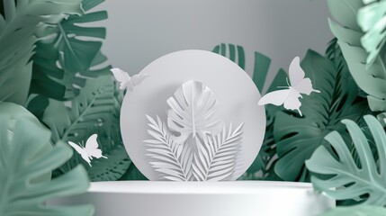 Tropical scene featuring white paper leaves, butterflies, and a green leaf background.