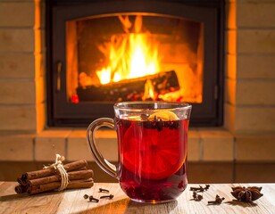 Cozy scene warm drink with spices near a fireplace