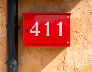 Close up of a bright red mailbox with the number 411 on a textured wall