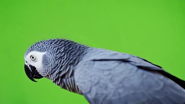 African Grey Parrot with white face and black beak against green background