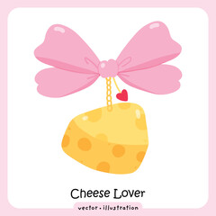 Kawaii Cheese Illustration with Pink Coquette Bow and Gold Chain Food Vector