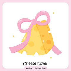 Coquette Aesthetic Cheese Clipart, Cute Food Illustration with Pink Bow, Kawaii Swiss Cheese Wedge with Pink Ribbon Bow Illustration