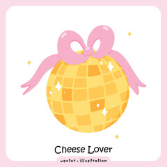 Kawaii Cheese Disco Ball Graphic with Pink Bow and Stars, Gourmet Party Illustration: Cheese Shaped Disco Ball for Foodie Celebrations