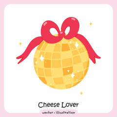 Kawaii Cheese Disco Ball Graphic with Pink Bow and Stars, Gourmet Party Illustration: Cheese Shaped Disco Ball for Foodie Celebrations
