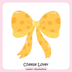 Kawaii Cheese Themed Bow Illustration, Coquette Aesthetic Design Element, Decorative Yellow Ribbon Bow with Polka Dots for Food Branding, Cheese-Patterned Bow