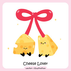 Cute Cartoon Cheese Couple with Bow and Heart for Valentine's Day, Two Kawaii Swiss Cheese Characters Joined by a Ribbon Bow