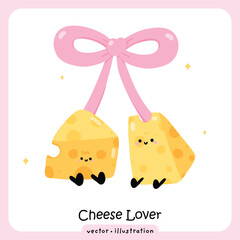 Cute Cartoon Cheese Couple with Bow and Heart for Valentine's Day, Two Kawaii Swiss Cheese Characters Joined by a Ribbon Bow