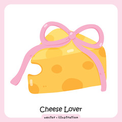 Coquette Aesthetic Cheese Clipart, Cute Food Illustration with Pink Bow, Kawaii Swiss Cheese Wedge with Pink Ribbon Bow Illustration