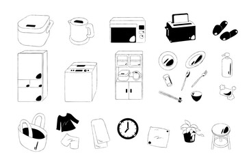 モノクロ白黒線画の生活用品アイコンセット