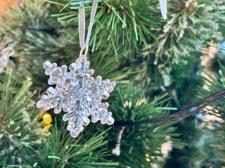 Crystal Snowflake Ornament Hanging on Christmas Tree, Festive Holiday Decoration