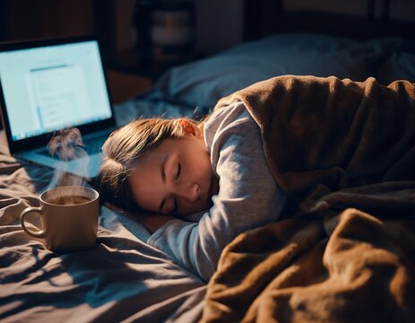 Exhausted young woman asleep on laptop keyboard in bed with hot coffee, remote work burnout and fatigue - Powered by Adobe