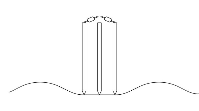 International cricket stump icon continuous one line drawing on white background minimalist sport equipment symbol 4k animation video