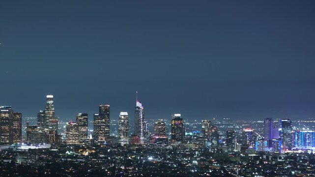 Los Angeles Downtown Night Skyline Telephoto from Griffith Park Time Lapse California USA
