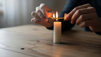 a close up view showcases hands carefully lighting a white candle with a match creating a warm flickering glow on a