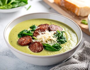 Creamy green soup with sausage, spinach, and grated cheese