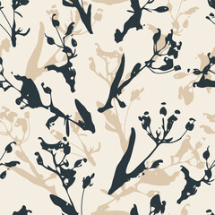 A sophisticated seamless vector pattern featuring abstract hand-drawn foliage silhouettes in charcoal and beige. Ideal for modern home decor, textile design, and elegant wallpaper