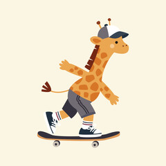 An adorable hand-drawn vector illustration of a giraffe skateboarding, wearing a cool baseball cap and sneakers. Perfect for wall art, children apparel, nursery posters, and fun stickers