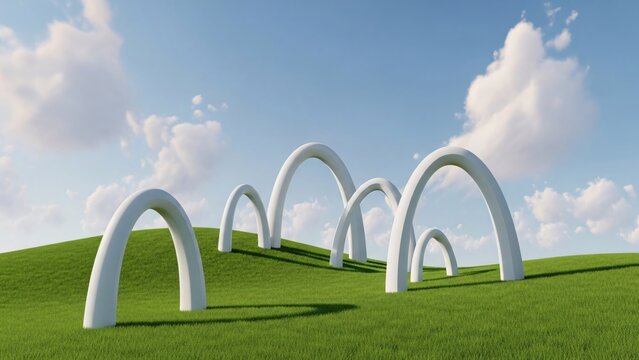 rolling green hills with white arches under a blue sky with white clouds